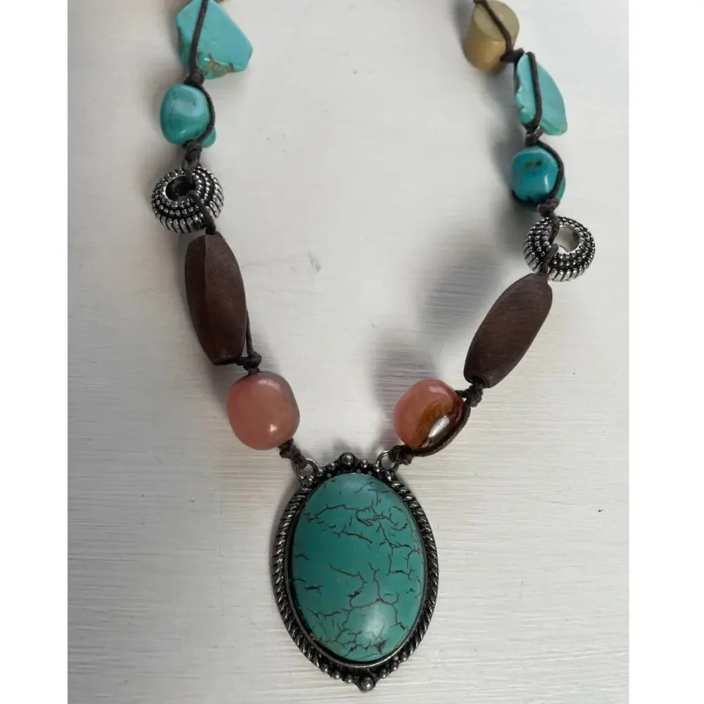 Vintage Faux Turquoise Necklace Howlite Glass Wood Metal Beading Leather Cord‎